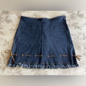 Y2K Western Denim Suede Ribbon Trim Mini Skirt 6 Bratz Concert Festival 00s Club